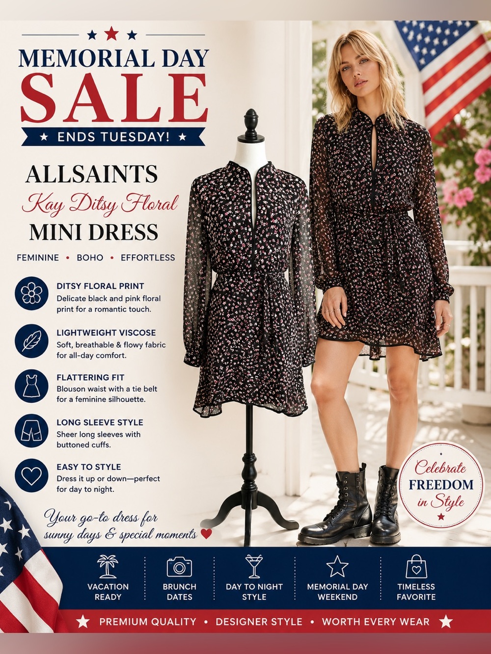 AllSaints Kay Floral Mini Dress Black Pink Long Sleeve Boho US 10
